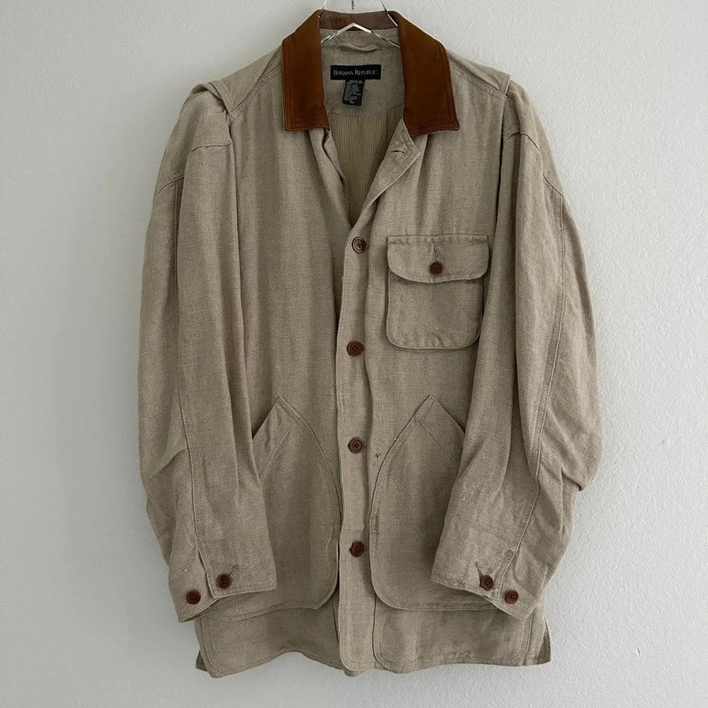 Vtg Banana Republic Safari‎ Jacket Mens XS Beige Linen Leather Collar Field Coat